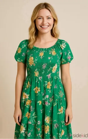 Skies Are Blue Floral Print Smocked Tiered Midi Dress in Green Size S thumbnail 1