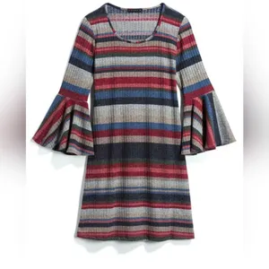 J. Rose Meoimi Knit Dress Flared Trumpet Sleeve Stripes Boho Sz 8P EUC thumbnail 1