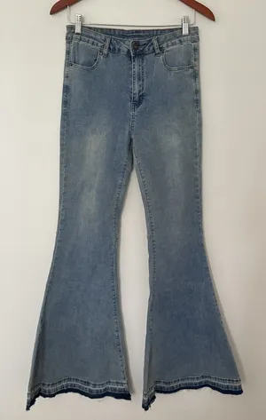NWT Aaron and Amber Light Blue Flare Bell Bottom Jeans Raw Hem High Waist Sz M thumbnail 1