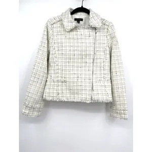 Ann Taylor Tweed Plaid Moto Jacket Sz 6 Cream Black Gold Stylish Office Career thumbnail 2