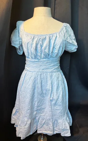 Sincerely Jules Light Blue Eyelet Mini Dress Puff Sleeve Tie Back‎ Smocked Waist thumbnail 1