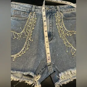 Rhinestone Fringe High-Rise Denim Shorts - Blue size Medium NWT thumbnail 9