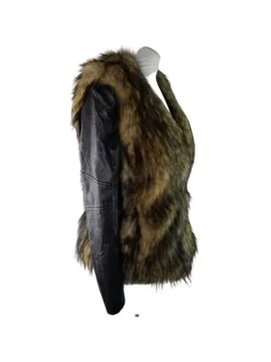 Bardot Womens Faux Fur Leather Long Sleeves Jacket Coat Black Tan Size 6 thumbnail 3