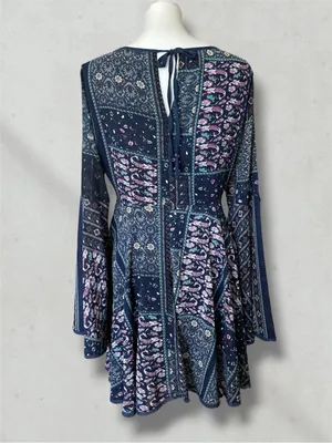 Loveriche Navy Boho Patchwork Bell Sleeve Mini Dress L thumbnail 6
