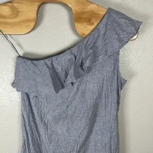 Theory Alexandra Linen Blend Mini Dress Womens 12 Chambray One Shoulder Ruffle thumbnail 5