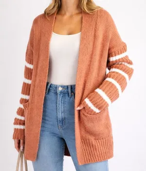 Easel Los Angeles Brown Knit Cardigan White Stripe Sleeves Open Front Size M thumbnail 1