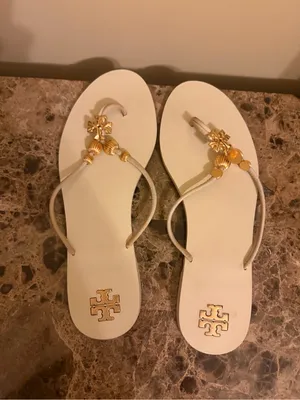Tory Burch White Capri Thong Sandals with Gold Logo Accents thumbnail 2