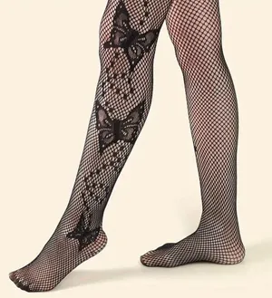 Butterfly Pattern Black Fishnet Tights, Hollow Out See-through Slim Fit Footed Pantyhose, Women's Stockings & Hosiery One Size 80% Polyamide 20% Spandex thumbnail 6