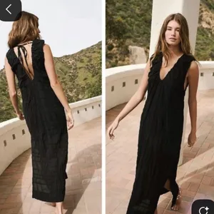 Free People Black Agatha Crinkle Cotton Side Slit Boho Classic Midi Maxi Dress thumbnail 2