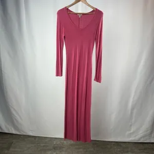 Bordeaux Ribbed V Neck Long Sleeve Lounge Dress with‎ Slit in Pink Size Medium thumbnail 2