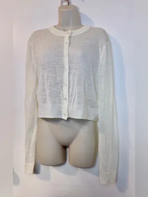 AQUA XL Ivory Linen Blend Open Knit Cardigan Lightweight Button Sweater thumbnail 5