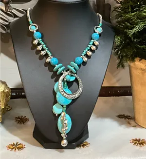 Blue and silver beaded necklace with turquoise stones thumbnail 8