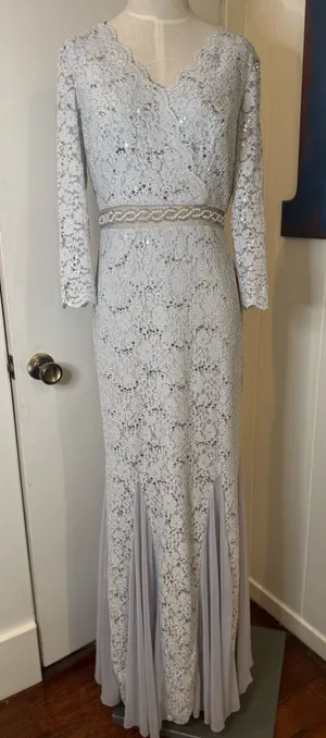 Alex Evenings Silver Grey Lace Long-Sleeve Evening Gown Sz 4 thumbnail 1