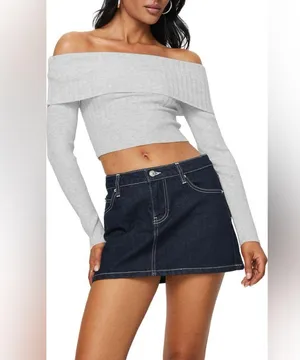 Princess Polly Tagula Off Shoulder Mixed Rib Crop light Gray Sweater long sleeve Women’s top thumbnail 1