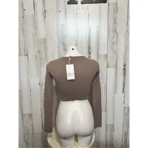 Zara Ribbed Long Sleeve Crop Top Brown Size M Crew Neck Knit Casual thumbnail 5