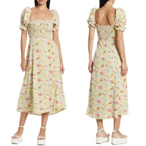 ASTR Floral Puff Sleeve Smocked Midi Dress Cottagecore Square Neck Wedding Guest thumbnail 2