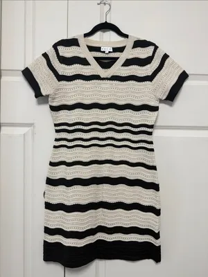 Striped V‑Neck Knit Mini Dress in Cream and Black thumbnail 3