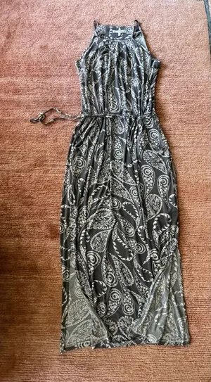 Next Petite Gray Ivory Paisley Maxi Dress Size 8 Tie Waist Pockets thumbnail 1