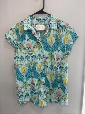 The Cat's Pajamas Peacock Voile 100% Cotton Short Sleeve Women’s Large- TOP ONLY thumbnail 9