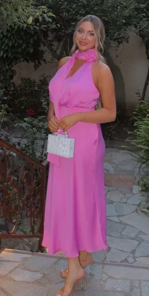 Zara maxi dress pink satin effect floral tie scarf wedding party cocktail thumbnail 4