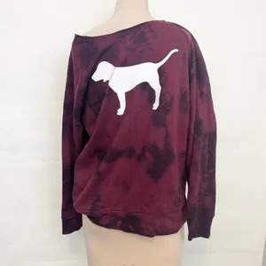 Victoria’s Secret PINK Raw Cut off shoulder Crew Sweater Top Ruby Tie Dye medium thumbnail 3