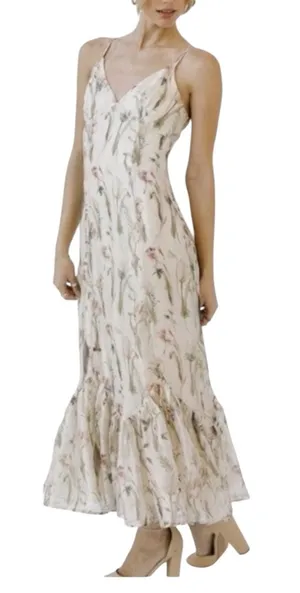 Storia xl Blush Floral Cream Maxi Slip Dress Ruffle Hem romantic guest party thumbnail 1