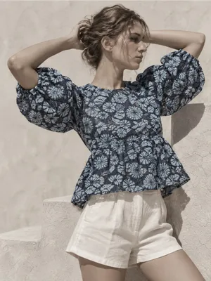 NWOT Dolan Anthropologie Blue Floral Lace Peplum Puff Sleeve Blouse thumbnail 1