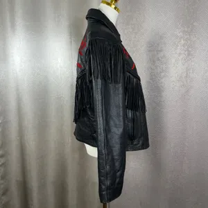 Womens Black Leather Fringe Motorcycle Jacket Red Rose Embroidery Western Size M thumbnail 3
