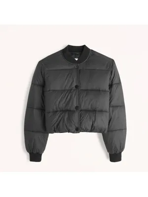 NWOT Abercrombie & Fitch Snap-front Cropped Black Puffer Bomber Jacket thumbnail 2