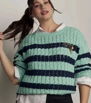 NWT Anthropologie Pilcro Cable Sweater Size Large Tunic Striped Linen Cotton thumbnail 1