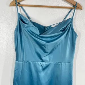 VENUS Teal Satin Slip Dress Size 8 Cowl Neck Adjustable‎ Straps Midi Slit Party thumbnail 8