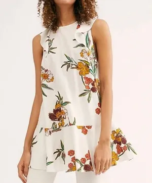 Free People Floral Linen Tunic Summer In Tulum Top XS Boho Ruffle Ivory thumbnail 1