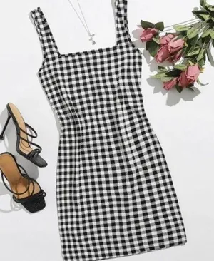SheIn Gingham Checkered Black & White Summer Mini Dress thumbnail 1