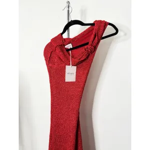 Runaway The Label Maxi Dress Red One Shoulder Rosette Metallic Knit Gown thumbnail 2