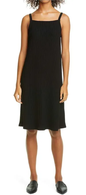 Eileen Fisher Black Ribbed Knit Tank‎ Midi Dress Small Viscose Minimalist thumbnail 1
