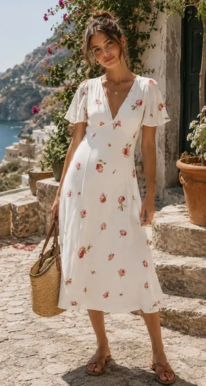 NWT Zara Midi Dress Womens S White Red Rose Floral V-Neck Flutter Sleeve Flowy thumbnail 1