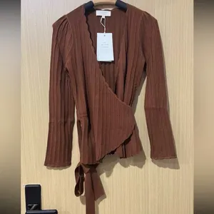 Sezane Brown Ecovero Lenzing Scalloped Knit Solweig Wrap Cardigan Sweater L thumbnail 4