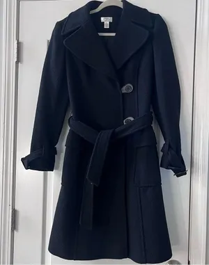 LOFT Ann Taylor Women’s Coat Wool Blend Black Textured Tie Size 4 Mid Length thumbnail 1