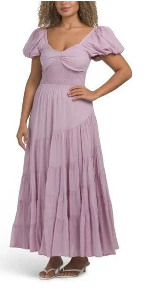 FREE PEOPLE Sundrenched Smocked Puff Sleeve Maxi Dress Size Medium thumbnail 1