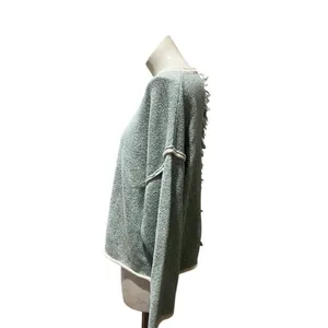 Womens Sweater Size M Sage Green Textured Knit Boat Neck Fringe Long thumbnail 6