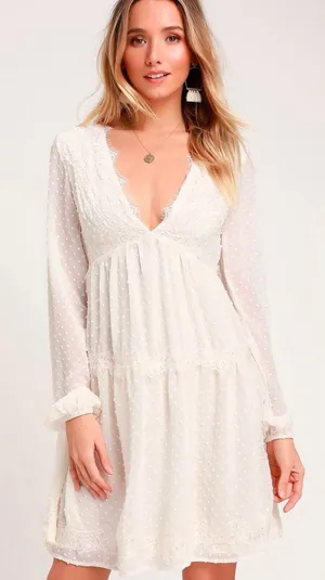 Lulus M Wistful Moment Ivory Swiss Dot Long Sleeve Dress Boho Bridal Shower Chic thumbnail 1