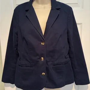 L.L.Bean Navy Blazer Jacket Women Medium Petite‎ Cotton Stretch Preppy Career thumbnail 1