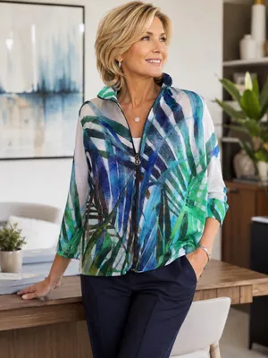 Valentina Womens XL Mesh Jacket Blue Green Tropical Print Sheer Lightweight thumbnail 1