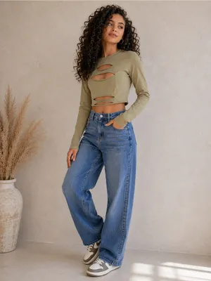 Edikted Olive Green Distressed Cutout Long Sleeve Crop Top Size M NW thumbnail 5
