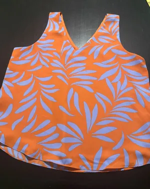 LOFT Outlet Women Large Orange Purple Tropical Leaf Print V-Neck Tank Top Blouse thumbnail 1