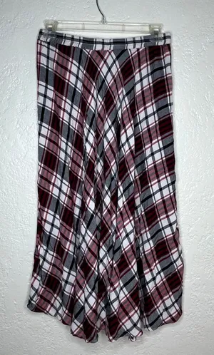 Chaps Red Black Plaid Midi Skirt‎ Womens Medium Viscose Elastic Waist Flared thumbnail 1