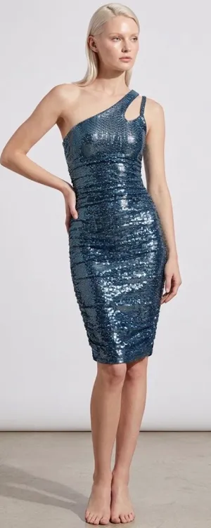 AQUA One Shoulder Sequin Ruched Bodycon Dress Black Sparkle Size Small NEW thumbnail 1