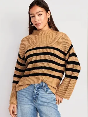 Old Navy Mock-Neck Tunic Sweater Knit Tan and Black Stripe XS thumbnail 1