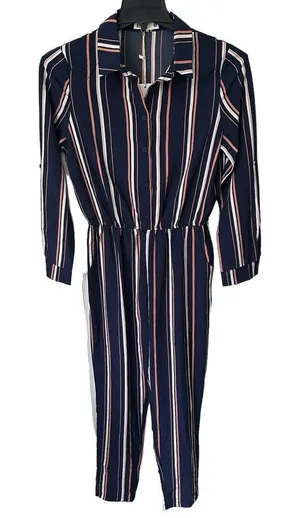 Jumpsuit Striped Ladies Size Medium Striped Elastic Waistband Pockets Navy Blue‎ thumbnail 1
