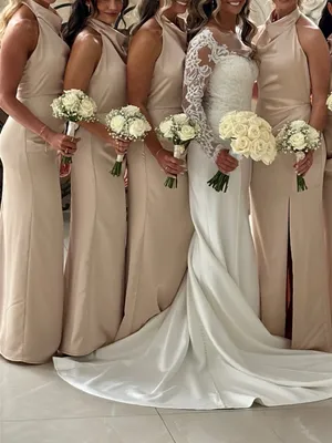 Bella Bridesmaids Dessy Group Cowl Neck Bridesmaid Dress in Champagne thumbnail 3